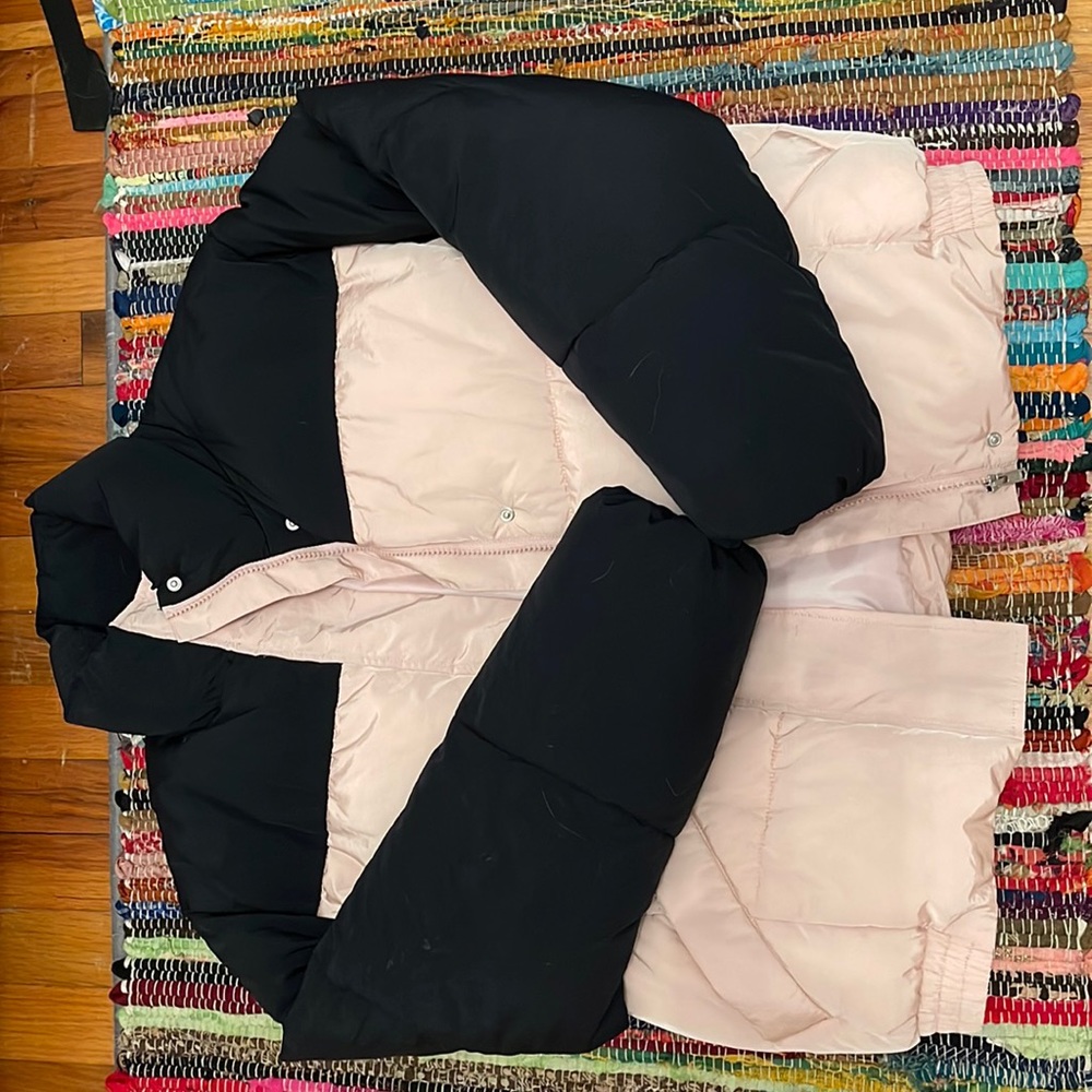 Pink and black puffer zip up jacket. Very warm & cozy, only worn once!